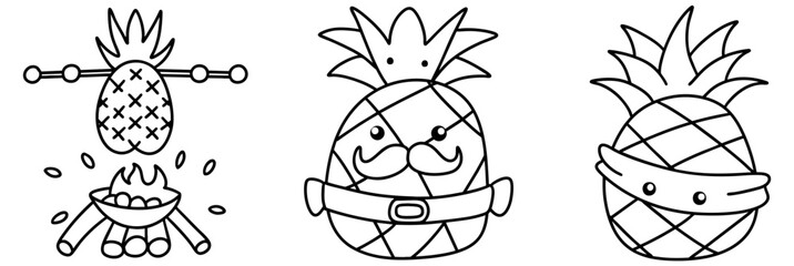 Three playful pineapple illustrations featuring campfire, cowboy, and ninja theme, perfect for fun designs
