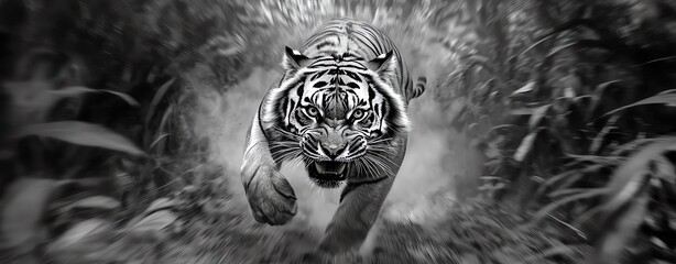 Black and white tiger running photograph full-body tiger hyper-realistic style black and white tiger running photograph showing dramatic motion, focused black and white tiger running photograph in act