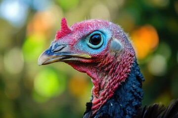 Close-up portrait of a wild turkey with colorful plumage and green bokeh background