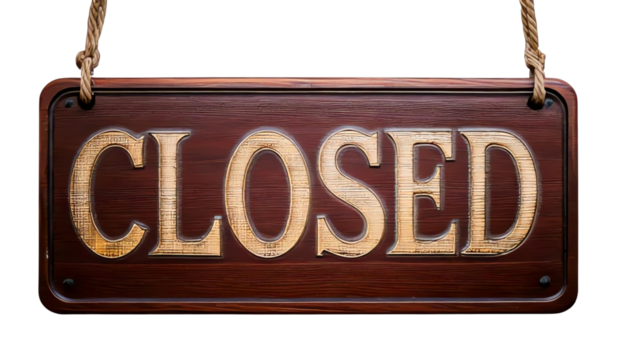 Isolate transparent Wooden closed sign hanging on a door. Png die-cut for advertising