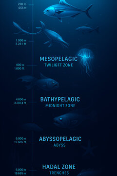 Vertical infographic showing ocean layers from epipelagic to hadal zone with marine life and glowing deep-sea visuals.