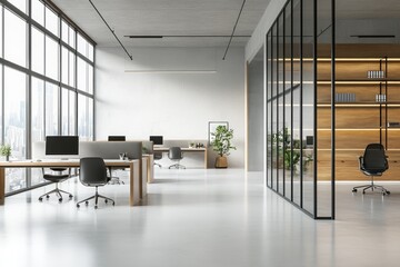 Fototapeta premium Modern and spacious office interior featuring desks and large windows