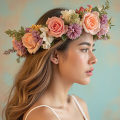 Naklejka premium young woman with floral crown made of pink and purple flowers, showcasing serene expression against soft pastel background