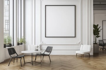 An elegant minimalist interior setting with blank frame and seating