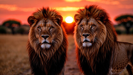 Fototapeta premium Majestic lion silhouetted against a vibrant sunset