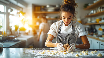 A young female chef meticulously prepares delicate pastries in a sunlit kitchen, showcasing culinary skill and passion.