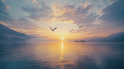 Tranquil dawn water landscape with soaring birds and soft cloud reflections