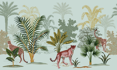 Tropical vintage botanical landscape, cheetah animal, palm tree, banana tree, plant floral seamless border grey background. Exotic jungle wallpaper. © good_mood