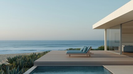 Fototapeta premium Modern Seaside Villa with Pool and Relaxing Lounge Chairs by Ocean