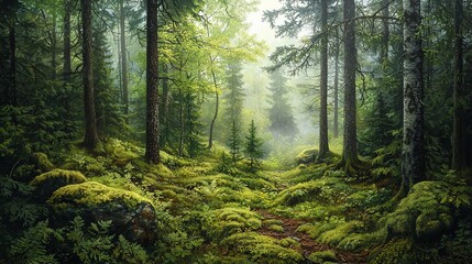 Obraz premium Misty forest path. Lush greenery