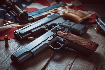 Table with guns and US flag symbolizing gun control regulation debate  
