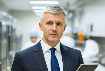 Naklejka premium Business professional in a suit holding a tablet, set in a modern, sterile environment.