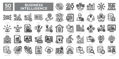 Business intelligence icons collection set, featuring data analysis, dashboards, optimization, and decision-making tools. Great for reports, analytics, presentations, and enterprise solutions.