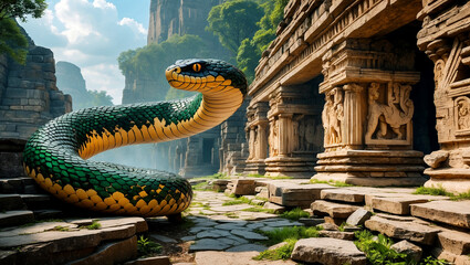 Obraz premium Majestic snake coiling through mystical ancient temple