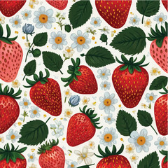 Seamless pattern of ripe strawberries with leaves and flowers, creating a fresh, sweet, and vibrant berry design for summer