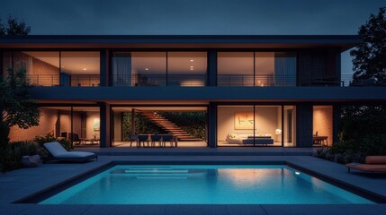 Modern minimalist house with pool at night illuminated ambiance