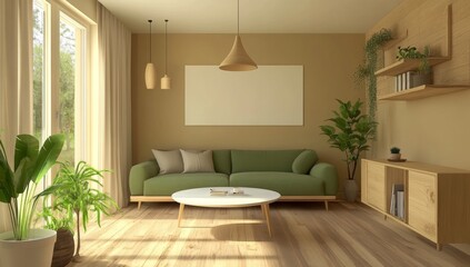 Fototapeta premium Modern beige living room with green couch, plants, and large blank canvas