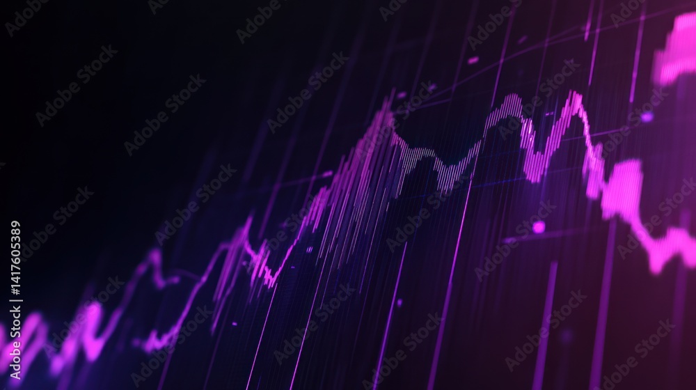 Poster fluctuating magenta waveforms with data visualization on a dark backdrop