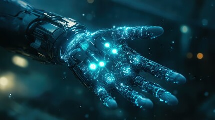 Futuristic robotic hand with glowing elements in dark