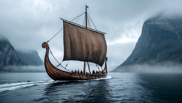 Majestic viking longship sailing through misty fjord