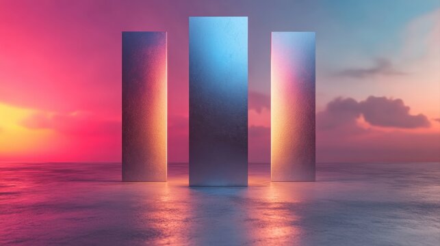 Abstract scene featuring three metallic monoliths amidst vibrant pink and blue sunset on tranquil water surface