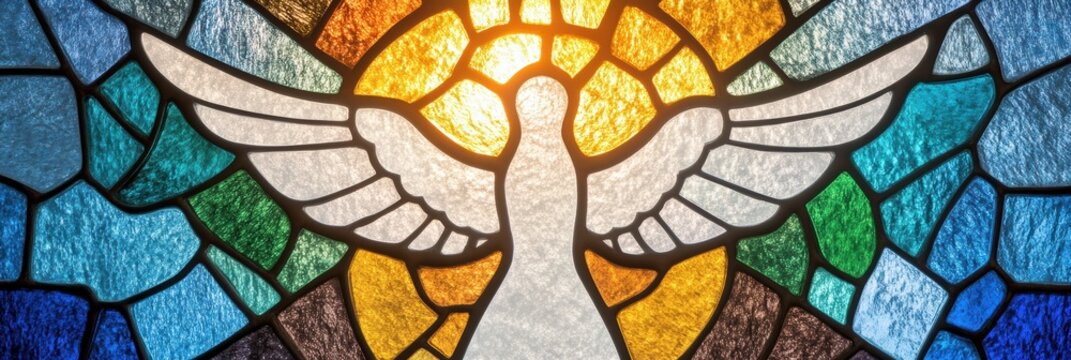 religious banner design, stained glass-style banner showcasing symbols of the father, son, and holy spirit glowing effect and rich colors make it ideal for trinity sunday