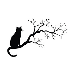 Vector silhouette of branch with cat on white background