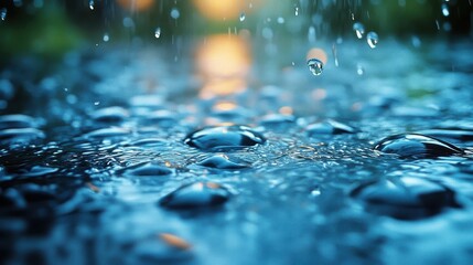 Close Up Of Raindrops Falling On Surface With Bokeh Background In Blue Color