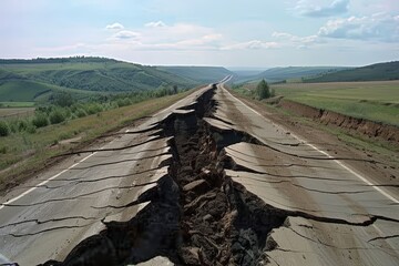 Earthquake causes devastating road damage remote area photograph natural disaster aerial view environmental impact