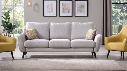 Fototapeta premium Stylish Living Room with Modern Sofa and Yellow Accent Chairs