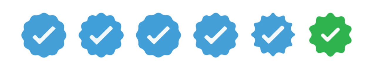 Set of social media verified icons. Tick in circle with zigzag. Youtube approval sign. vector illustration eps 10.