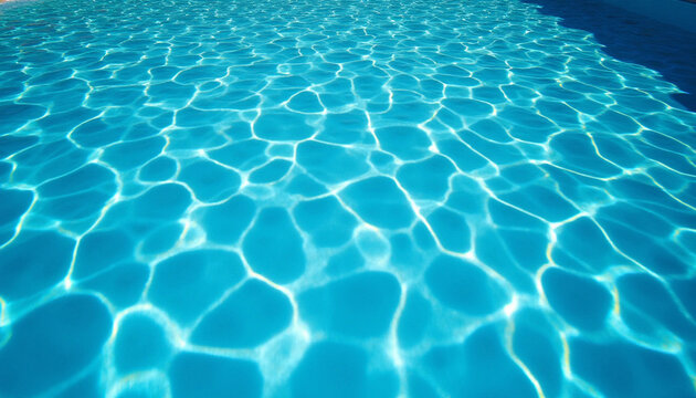 The clear blue surface of swimming pool water ripples gently under the sun, reflecting bright light and creating shimmering caustic patterns, evoking a refreshing summer feeling.