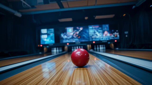 Bowling Ball Hitting Pins in Slow Motion at Indoor Bowling Alley