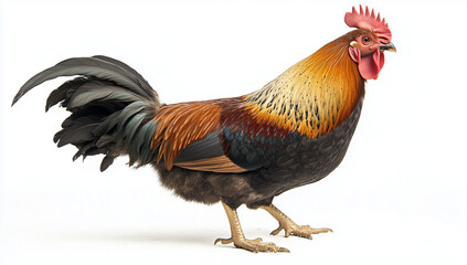 Fototapeta premium A colorful rooster, a domestic farm animal with red comb and brown feathers, stands isolated on white