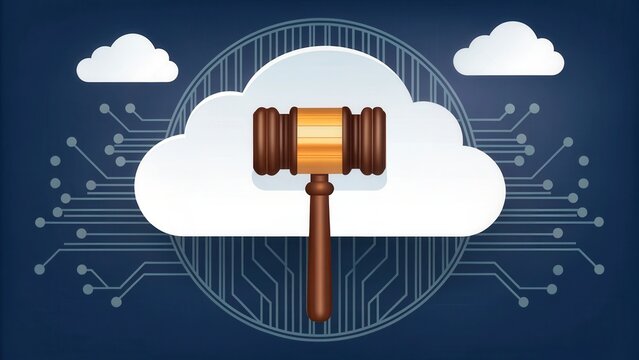Law restriction policy. Gavel overlaid on a cloud and circuit design, symbolizing digital law and technology.