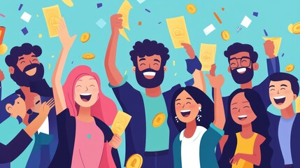 Diverse group celebrating success with money and coins against a light blue backdrop