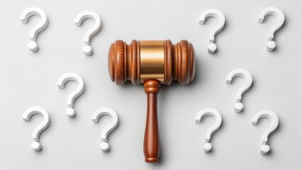 Law restriction policy. Gavel surrounded by question marks symbolizes legal inquiries and uncertainties.