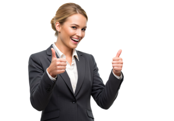 A woman in a suit giving a double thumbs-up, isolated