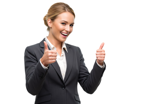 A woman in a suit giving a double thumbs-up, isolated