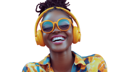 Laughing woman in yellow headphones holding smartphone horizontally, showing the screen, isolated on soft blue background, ideal for tech, lifestyle, or entertainment concepts.
