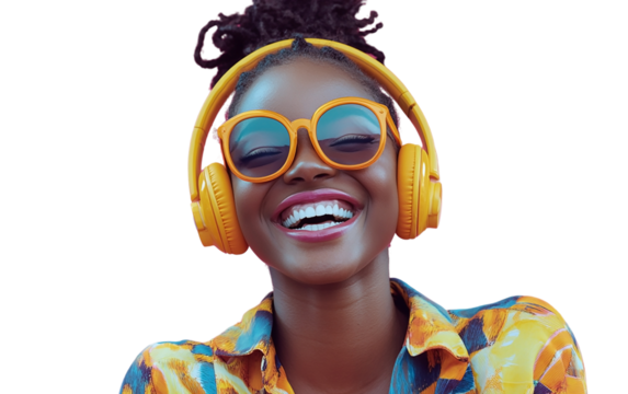 Laughing woman in yellow headphones holding smartphone horizontally, showing the screen, isolated on soft blue background, ideal for tech, lifestyle, or entertainment concepts.

