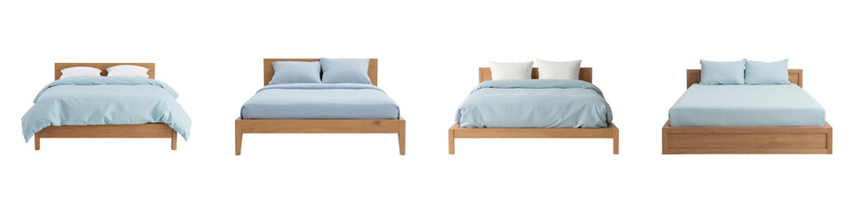 Modern wooden beds in various sizes with light blue bedding create serene bedroom atmosphere