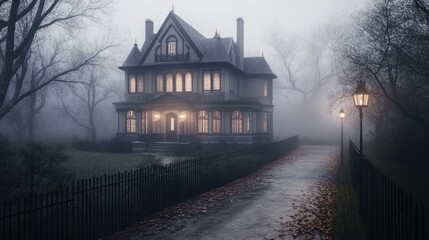 Mysterious Mansion in Foggy Autumn Night