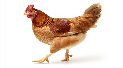 Fototapeta premium A white domestic fowl, likely a hen or chick, stands isolated against a bright background in a studio setting