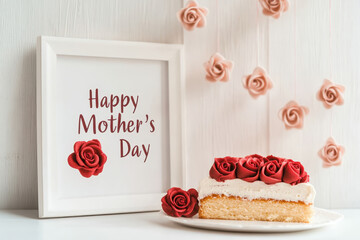 Framed Mother's Day message to celebrate all moms near a cake slice with red and pink roses. Concept of Motherhood, celebration, family, love, gratitude, nurturing, care, gift