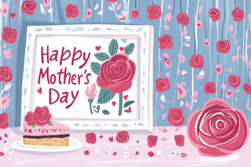 Framed Mother's Day message to celebrate all moms near a cake slice with red roses. Concept of Motherhood, celebration, family, love, gratitude, nurturing, care, flowers, gift