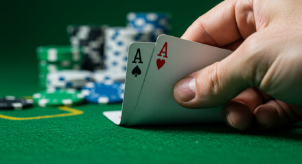 A close-up shot of a poker player&rsquo;s hand holding two aces &mdash; ace of spades and ace of hearts &mdash; slightly bent to reveal the cards in a classic Texas Hold'em poker gesture.