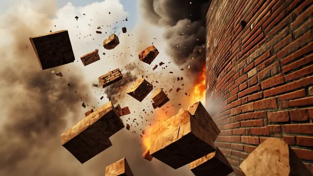 Brick Wall Explosion and Fire - Dramatic Destruction Scene, Bricks Flying, Slow Motion Effect
