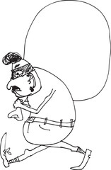 Thief in the mask with a moustache running with a bag, a criminal housebreaker. Coloring page sketch character. Cartoon design for t shirt print, icon, logo, label, patch or sticker.