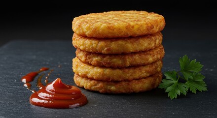 Stacked Hash Browns with Ketchup - Photo